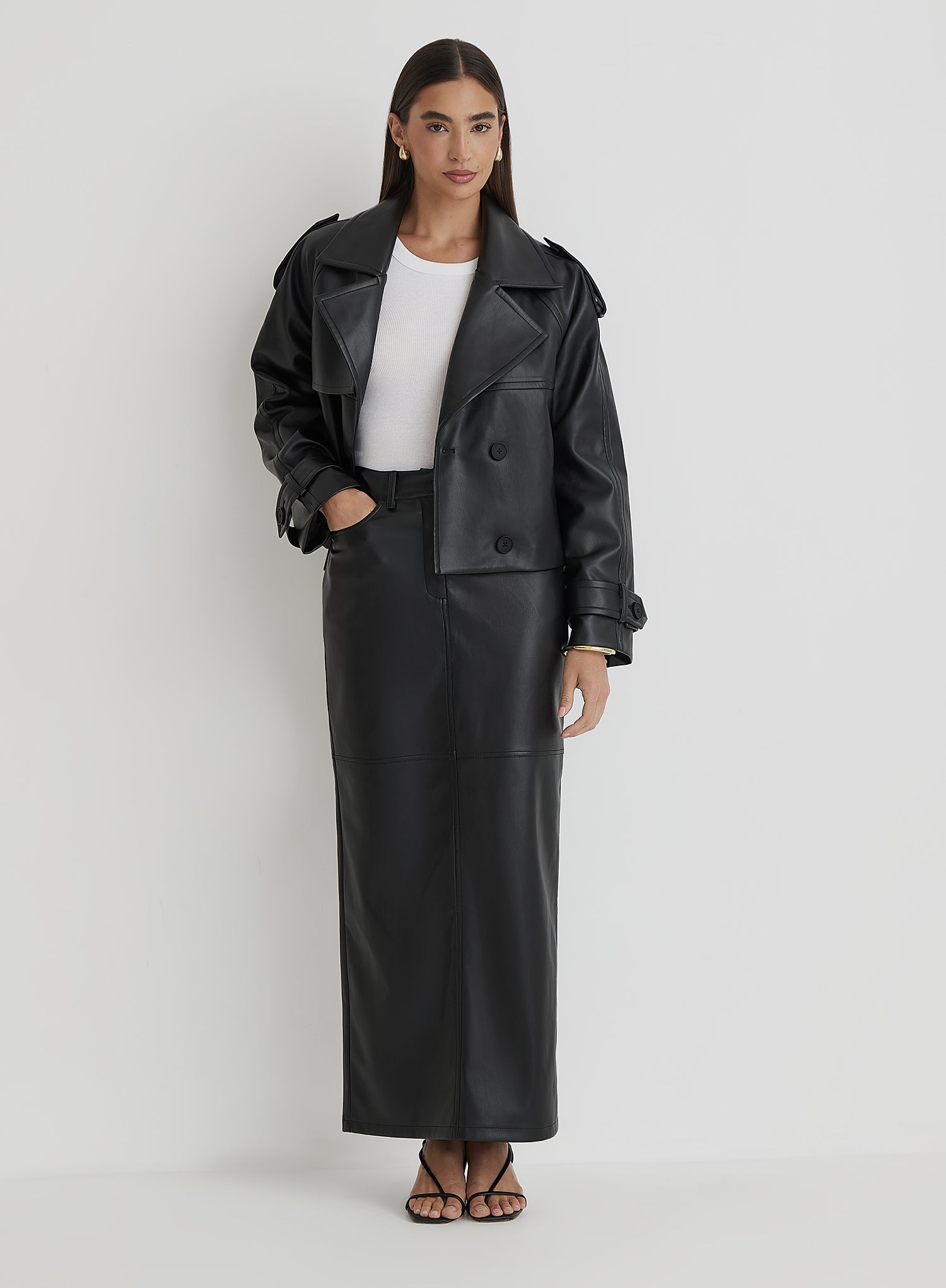 Black Faux Leather Cropped Trench Coat